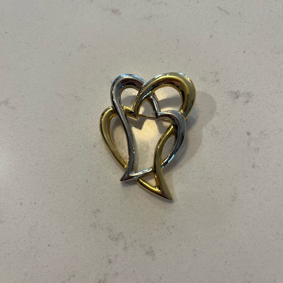 Gold and Silver Double Heart Brooch - Picture 1 of 4